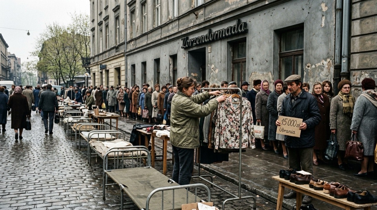 Ulica polskiego miasta wiosną 1989 roku: rząd rozstawionych łóżek polowych i drewnianych straganów z towarem, kobieta w kurtce ortalionowej wystawia ubrania na wieszaku, obok mężczyzna z tekturową tabliczką z ceną, w tle szara kamienica z neonem i kolejka ludzi, mokry bruk