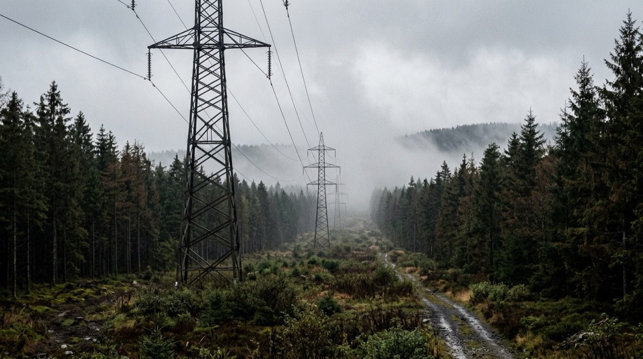 Linia wysokiego napięcia biegnąca przecinką przez las iglasty, słupy energetyczne znikające w mgle nad wierzchołkami drzew