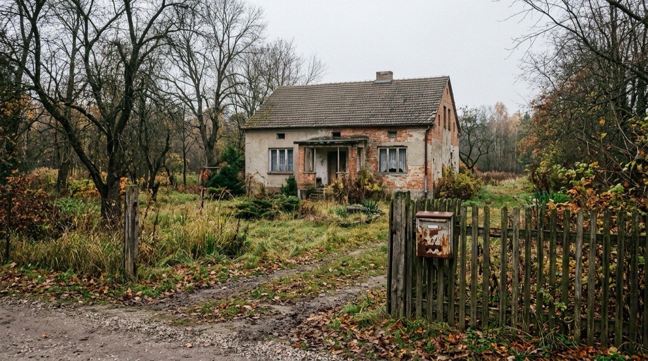 Podniszczony dom jednorodzinny z lat siedemdziesiątych na dużej działce pod Warszawą, jesienny poranek, na furtce stara skrzynka na listy