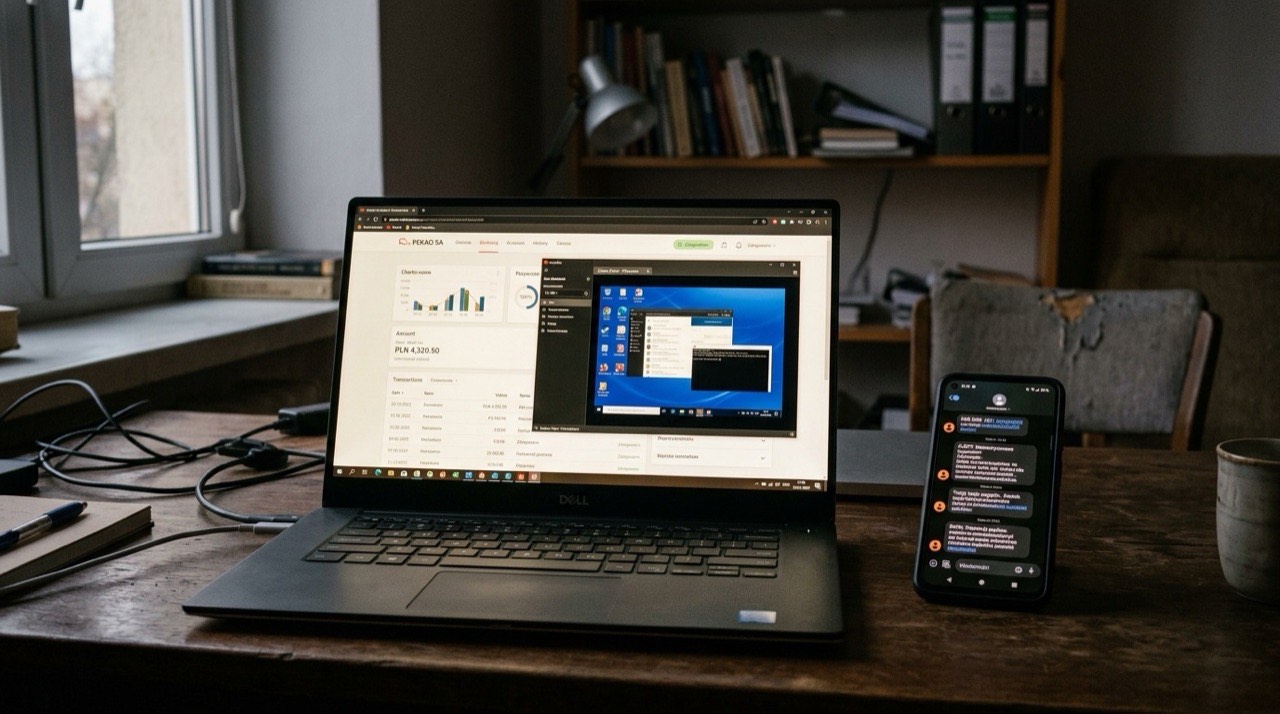 Ekran laptopa z otwartą bankowością internetową i wyskakującym oknem programu do zdalnego pulpitu, obok telefon z serią SMS-ów, wieczorne oświetlenie pokoju
