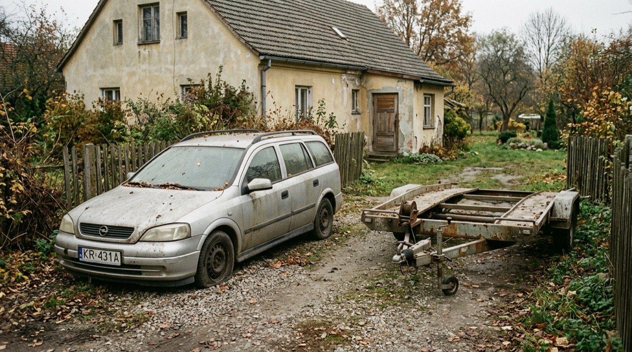 Niesprawny samochód osobowy stojący od miesięcy na podjeździe domu jednorodzinnego, przykurzony, ze spuszczonym kołem, obok pusta laweta