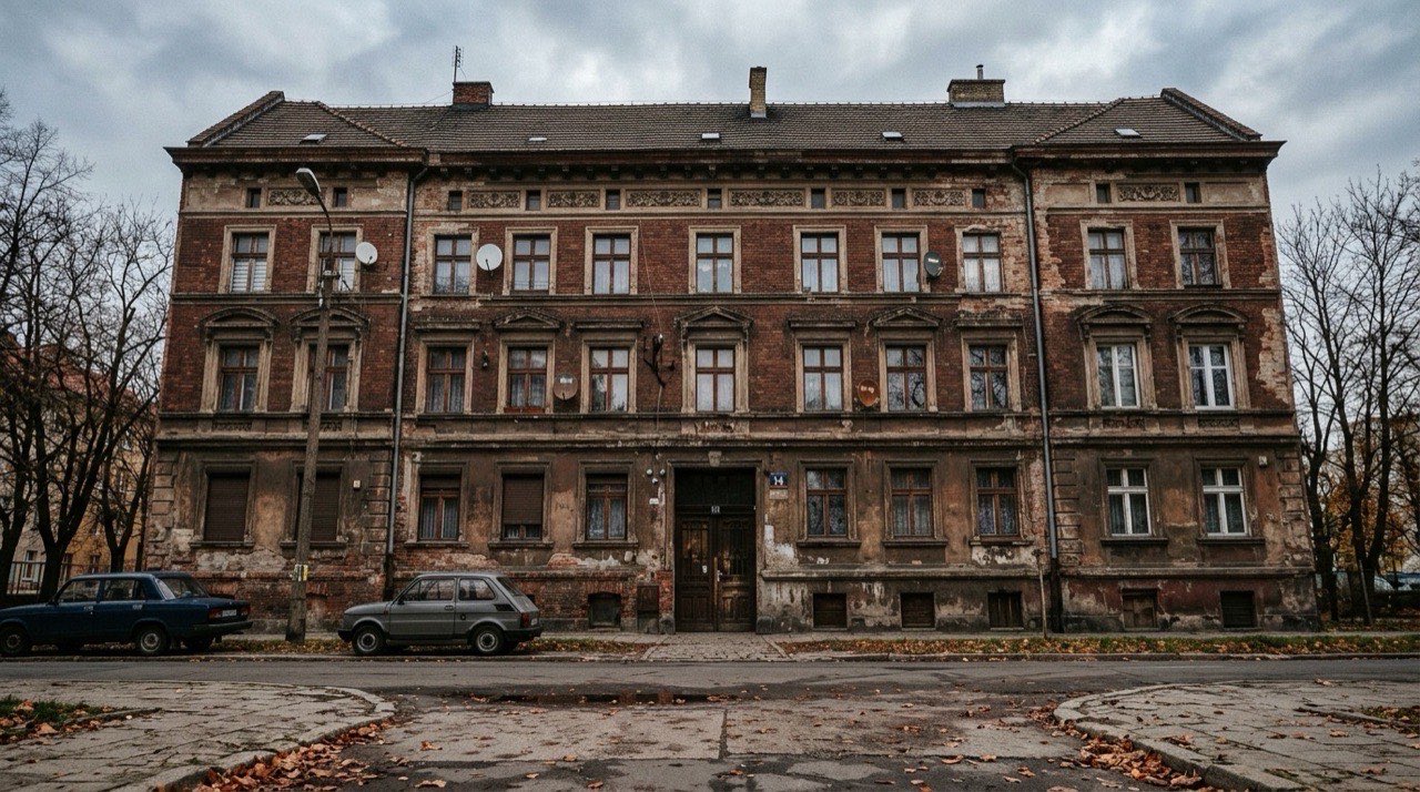 Kamienica z mieszkaniami komunalnymi we Wrocławiu widziana z chodnika, jesienne popołudnie, tabliczka z numerem