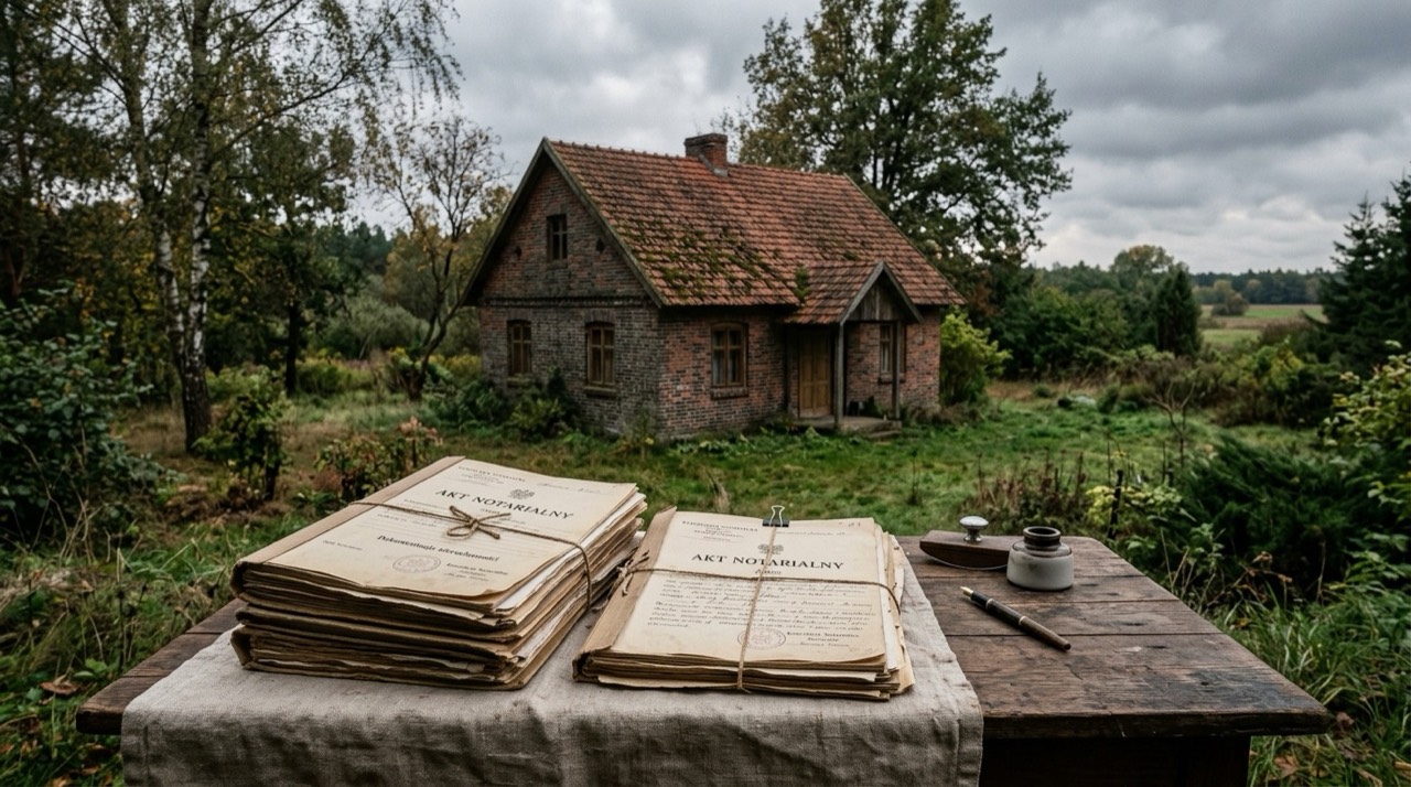 Parterowy murowany dom letniskowy kryty dachówką na dużej działce, na pierwszym planie stół i akta notarialne