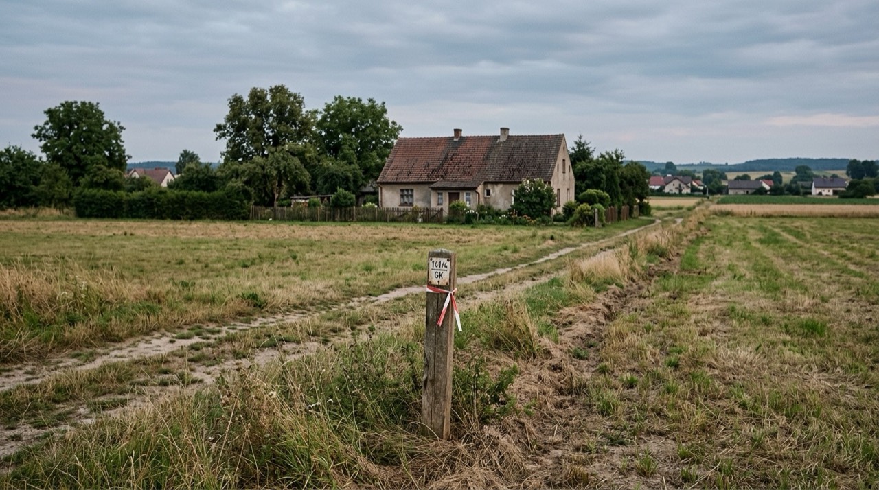 Niezabudowane działki gruntu na skraju podmiejskiej wsi, tabliczka geodezyjna wbita w miedzę, w tle stary dom rodzinny