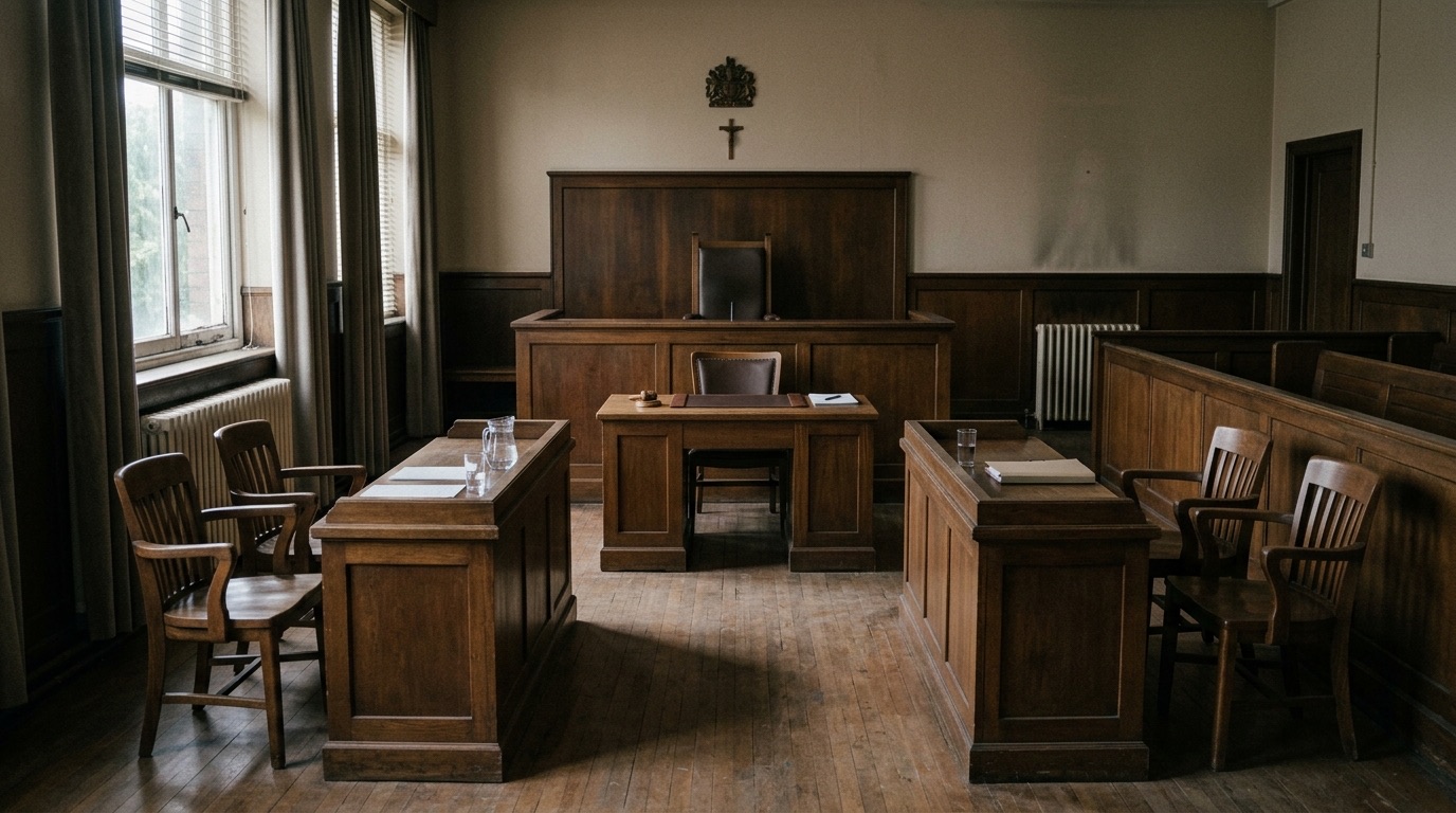Sala rozpraw wydziału rodzinnego, pusty stół sędziowski, dwie ławy dla stron po przeciwnych stronach