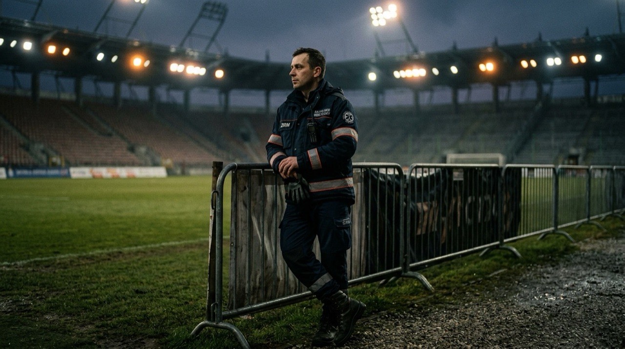 Ratownik medyczny w ciemnej kurtce roboczej stoi przy bandzie boiska piłkarskiego wieczorem, w tle rozmyte reflektory stadionu